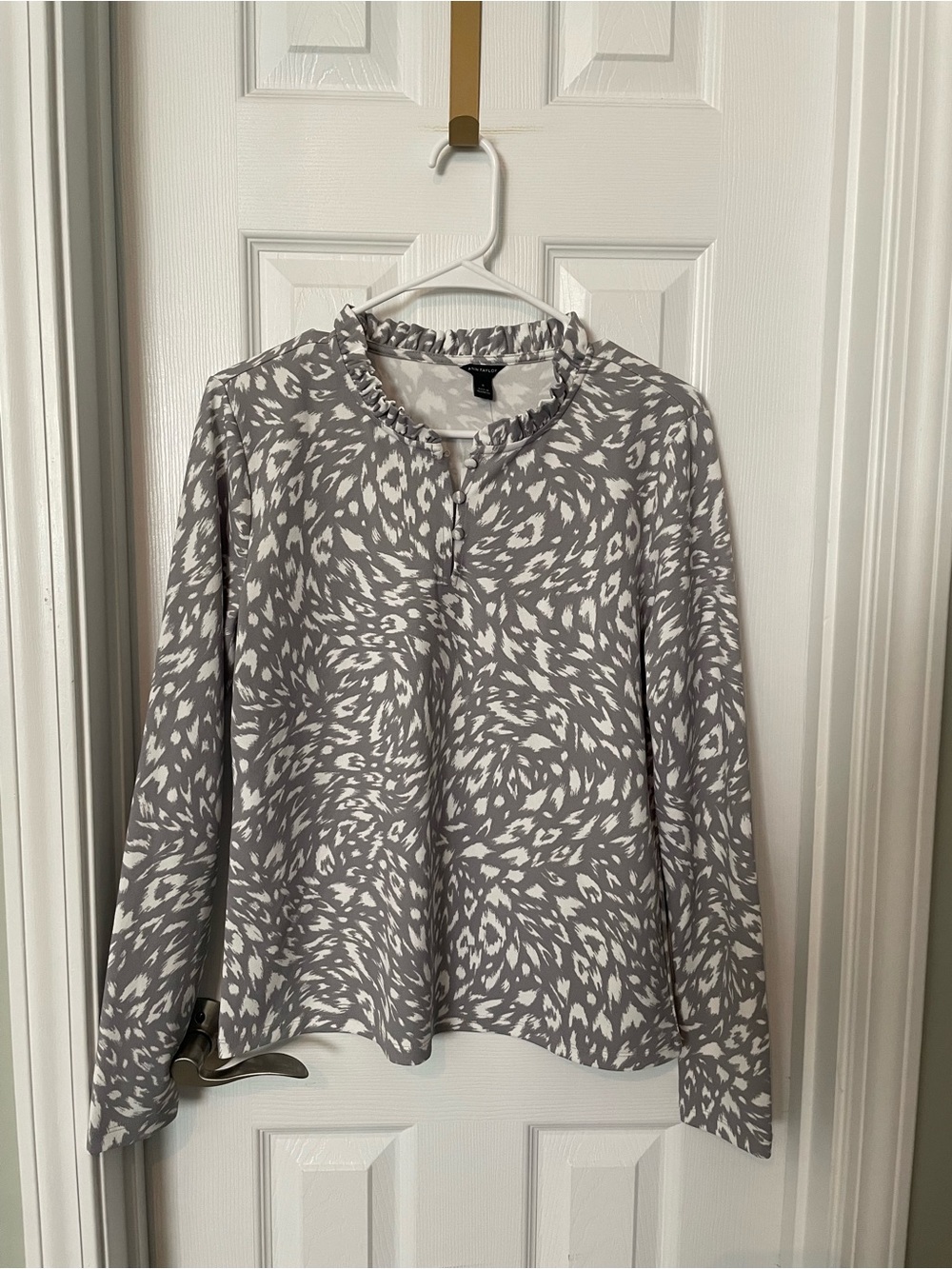 Ann Taylor grey and white animal print ruffle neck blouse
